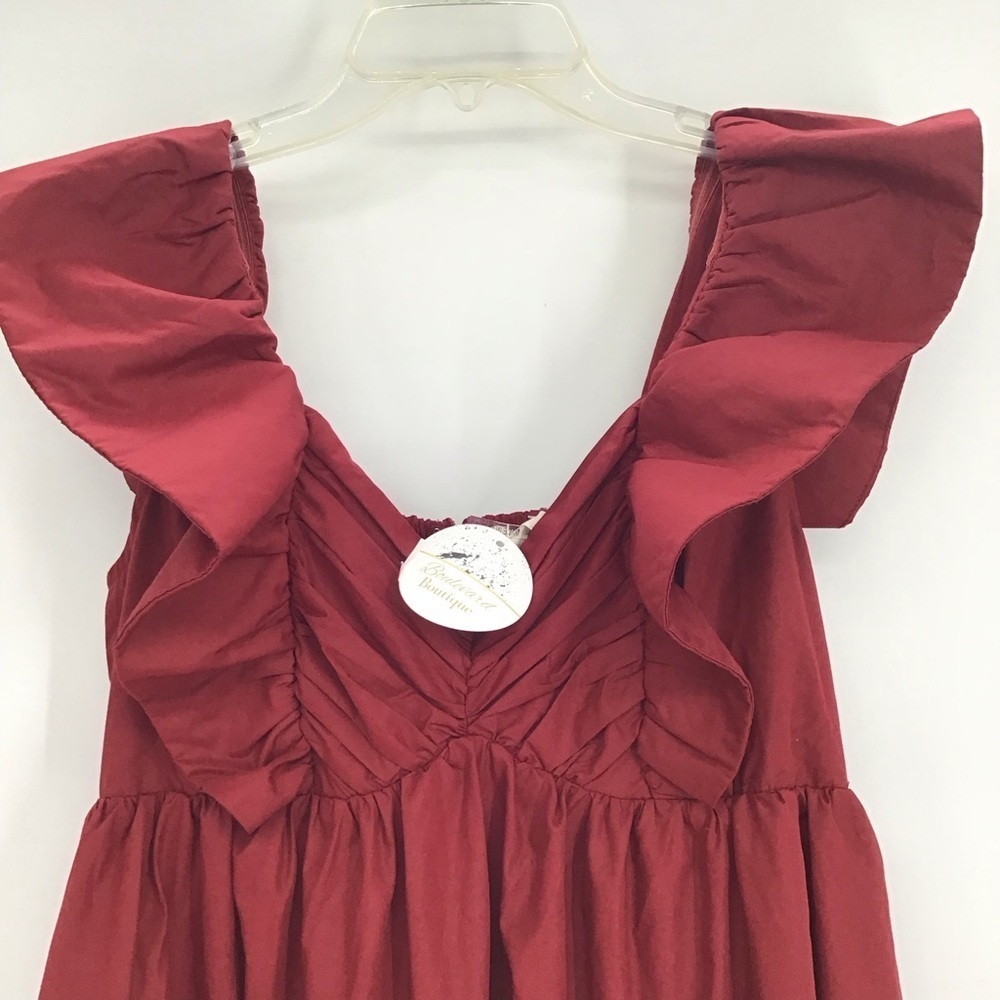 ENTRO NWT Poplin Ruffle Sleeve Baby Doll Mini Dress Maroon Career Size L - Picture 5 of 11